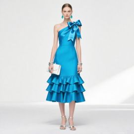 Vibrant Blue One-Shoulder Satin Dress with Big Bow & Tiered Ruffles - Elegant Evening Gown