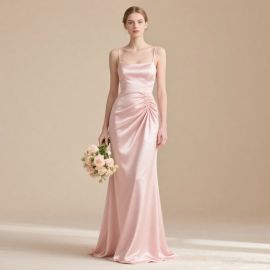 Elegant Pink Satin Spaghetti Strap Gown with Ruched Side Design - Bridesmaid/Wedding Dress