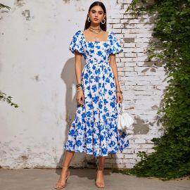Blue Floral Square Neck Puff Sleeve Tiered Midi Dress