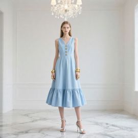 Light Blue Sleeveless V-Neck Button Midi Dress - Elegant Summer Style
