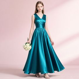 Teal Satin Long Dress: Elegant V-Neck Formal Gown for Weddings & Events