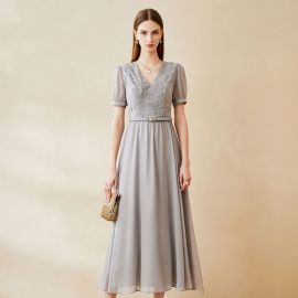 Elegant Gray V-Neck Lace Embroidered Midi Dress with Belt - Vintage Summer Maxi Gown