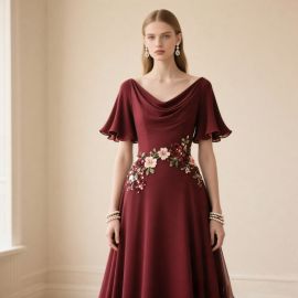 Elegant Burgundy Evening Dress with Floral Embroidery & Flared Sleeves