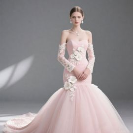 Pink Mermaid Wedding Dress: Off - Shoulder, Lace Sleeves, Floral Appliqués