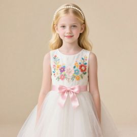 Girls White Embroidered Floral Dress with Pink Bow - Party Wedding Tutu Gown