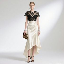 Elegant Black Lace Top & White Satin Asymmetrical Skirt - Chic Women's Fashion Ensemble