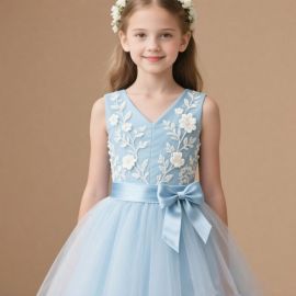 Light Blue Embroidered Flower Girl Dress with Tulle Skirt & Satin Bow