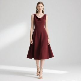 Wine Red Sleeveless Cowl Neck A-Line Midi Dress - Elegant Vintage Style