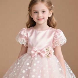 Pink Lace Bow Polka Dot Girl's Dress - Princess Party Gown