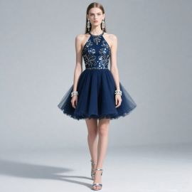 Navy Blue Sequined Halter Neck Short Tulle Evening Party Dress