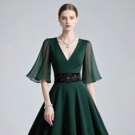 Elegant Emerald Green V - Neck Dress With Sheer Sleeves & Embroidered Belt