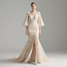 Elegant Deep V-Neck Lace Wedding Dress with Bell Sleeves & High Slit Mermaid Gown
