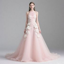 Elegant Pink Halter Neck Tulle Gown with 3D Floral Embroidery - Wedding/Evening Dress
