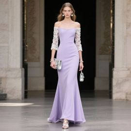 Elegant Lilac Off - Shoulder Mermaid Gown with Lace Sleeves for Formal Occasions