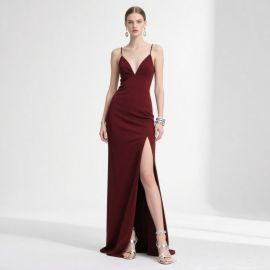 Elegant Burgundy Spaghetti Strap Deep V-Neck High Slit Evening Gown