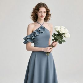 Elegant One - Shoulder Ruffled Midi Dress in Slate Blue