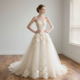 Elegant Strapless Wedding Dress with 3D Floral Lace & Train