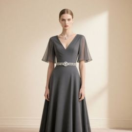 Elegant Dark Grey V-Neck Gown with Sheer Sleeves & Crystal Belt - Formal Evening Dress