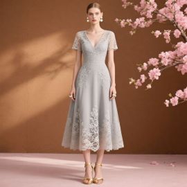 Elegant Light Gray Lace Midi Dress: V-Neck Short Sleeves Floral Embroidery Summer Chic