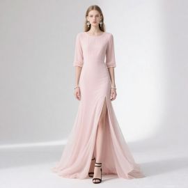 Elegant Pink High Slit Gown with Three - Quarter Sleeves for Formal Occasions