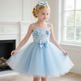 Charming Light Blue Princess Dress with Lace Flowers - Perfect Tutu Gown for Girl’s Party/Wedding