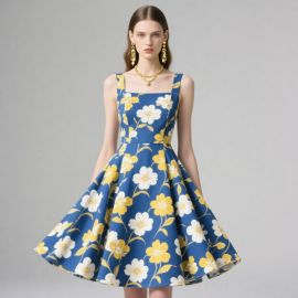 Retro Floral Square Neck Dress - Blue with Yellow & White Blooms