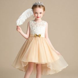 Charming Girls' Lace & Tulle High-Low Dress with Bowknot Waist - Party/Wedding Gown