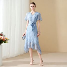 Light Blue Floral Print V - Neck Short Sleeve Asymmetric Hem Belted Midi Dress