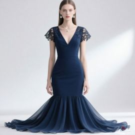Elegant Navy Blue Mermaid Gown with Lace Cap Sleeves for Formal Events