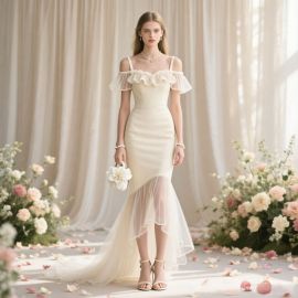 Elegant Off - Shoulder Ruffled Asymmetric Hem Mermaid Gown