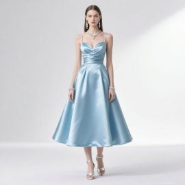 Elegant Light Blue Satin Spaghetti Strap Midi Dress for Weddings & Events