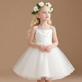 Elegant White Spaghetti Strap Tulle Dress for Kids - Ideal for Weddings & Special Occasions
