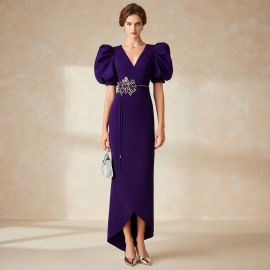 Elegant Purple V-Neck Gown: Puff Sleeves, Embellished Waist, High-Low Hem - Formal Evening Dress
