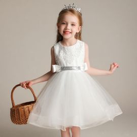 Elegant White Lace Sleeveless Flower Girl Dress with Tulle Skirt & Rhinestone Belt
