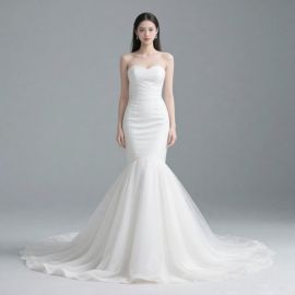 Elegant Strapless Mermaid Wedding Dress with White Tulle Train