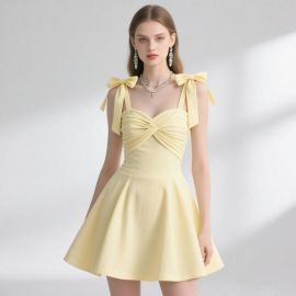 Pastel Yellow Bow - Strap Ruched Bodice Flared Skirt Mini Dress