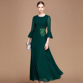 Elegant Emerald Green Maxi Dress with Bell Sleeves & Floral Embellishment