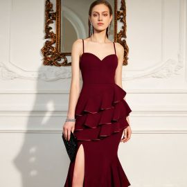 Elegant Burgundy Spaghetti Strap Mermaid Gown with Ruffled Layers & High Slit