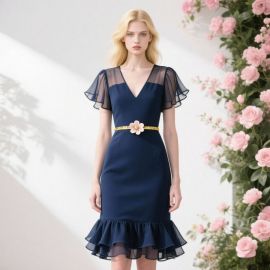 Chic Navy Blue V-Neck Dress: Sheer Flutter Sleeves, Flower Belt & Ruffled Hem