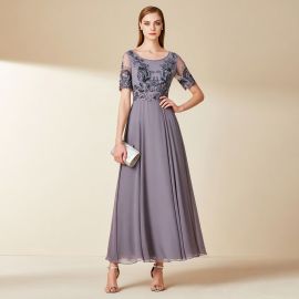 Elegant Gray Embroidered Chiffon Evening Dress with Sheer Sleeves