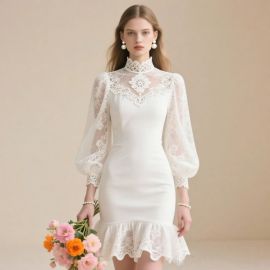 Chic White Lace High Neck Puff Sleeve Mini Dress