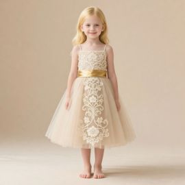 Champagne Lace Embroidered Tulle Flower Girl Dress with Golden Sash