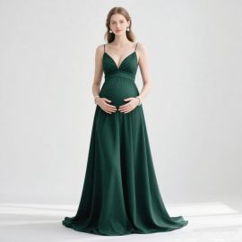 Elegant Emerald Green Maternity Spaghetti Strap Long Evening Gown