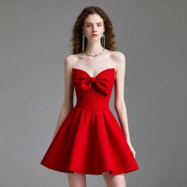 Elegant Red Strapless Dress with Big Bow - Party & Evening Wear