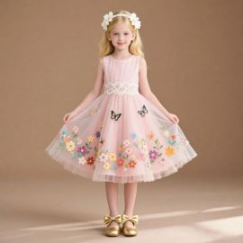 Kids Pink Sleeveless Dress with Floral & Butterfly Embroidery - Princess Party Gown for Girls