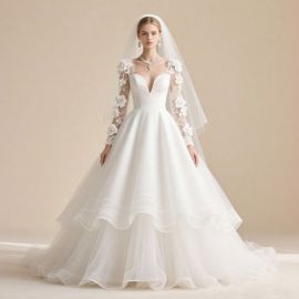 Elegant Long-Sleeve Wedding Dress with Floral Embroidery & A-Line Skirt - Timeless Bridal Gown