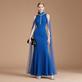 Elegant Royal Blue Evening Gown with Sheer Cape & Beaded High Neck Design