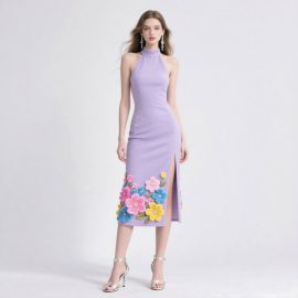 Lavender Halter Neck Midi Dress with Colorful Floral Embroidery & High Slit - Chic Evening Wear