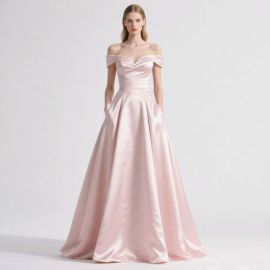 Pink Off - Shoulder Satin Ball Gown: Elegant Formal Evening Dress