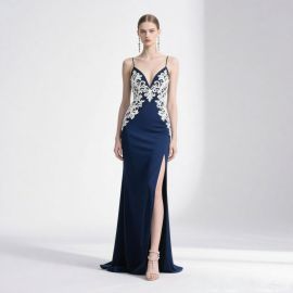 Elegant Navy Blue Lace-Embroidered Spaghetti Strap Evening Gown with High Slit